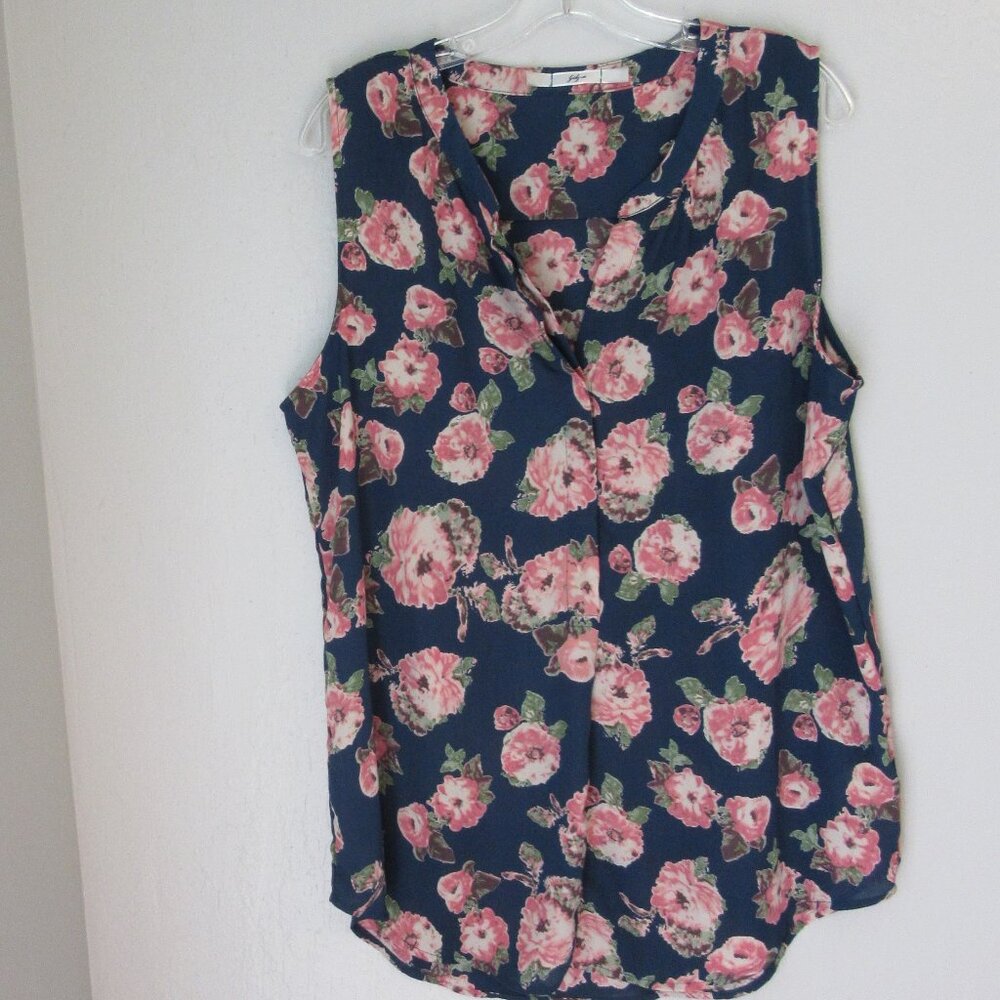 GIBSON Blue Floral Pattern XL Wool Dobby Sleeveless Button Closure Blouse